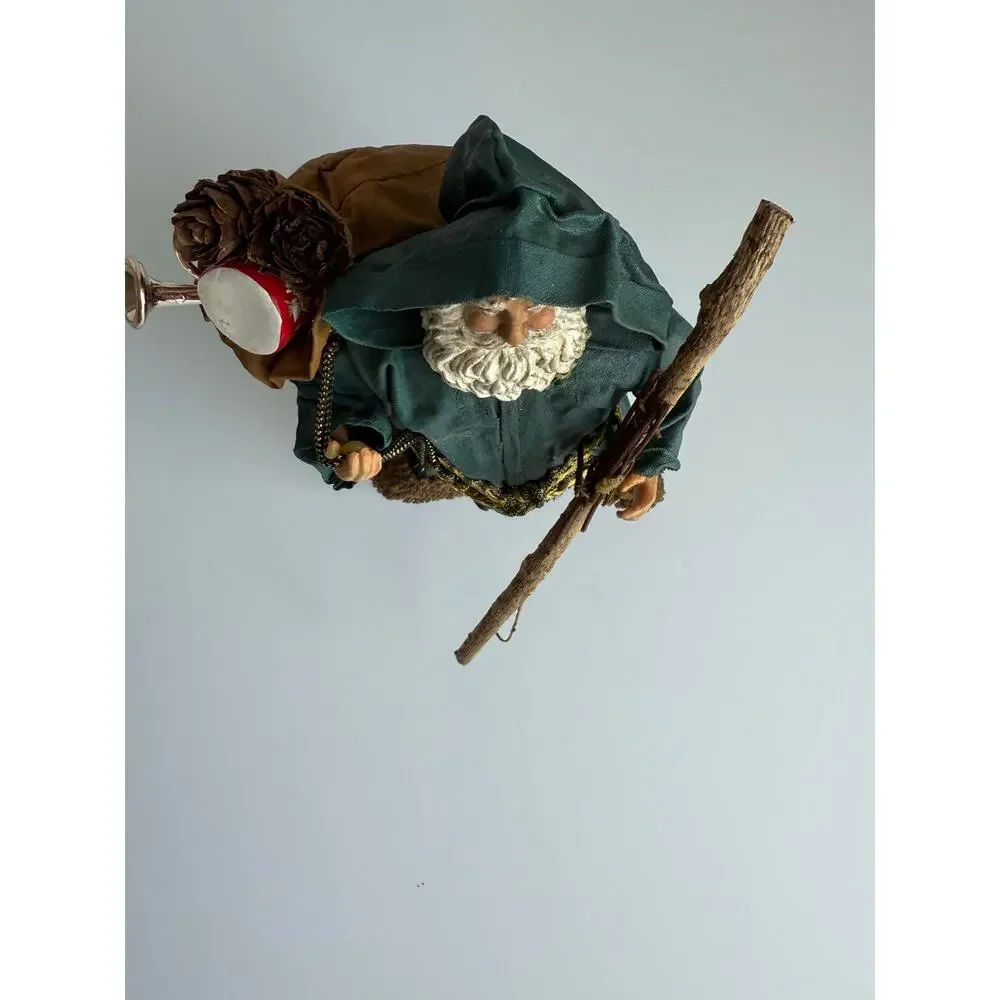 Vintage Paper Mache Santa Green Hooded Robe Toy Sack Old World Christmas 6.5